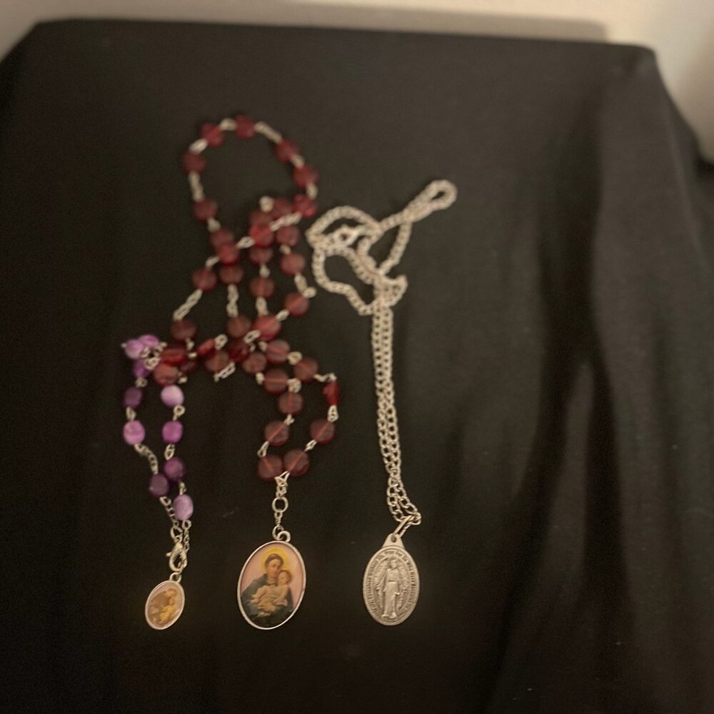 Lot of 3 Religious Jewelry: Rosary Necklace, Miraculous Medal, GLOW Bracelet!
